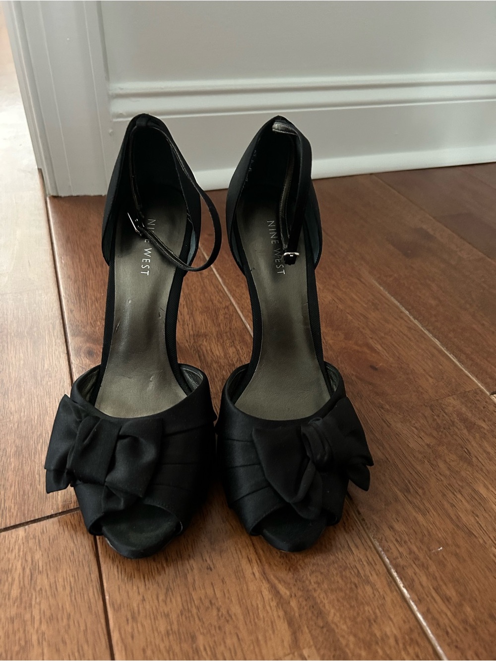 Nine West Black Peep-Toe Bow Ankle-Strap Heels